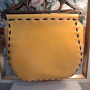 Artisan Crafted Vtg Yellow Leather Hobo Western Bucket Tote w/Dark Whipstitching